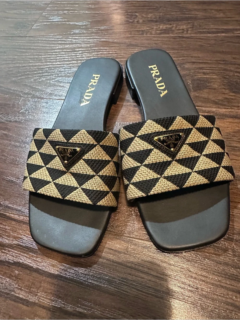 PRADA Women’s Black and Tan Geometric Slide Sandals